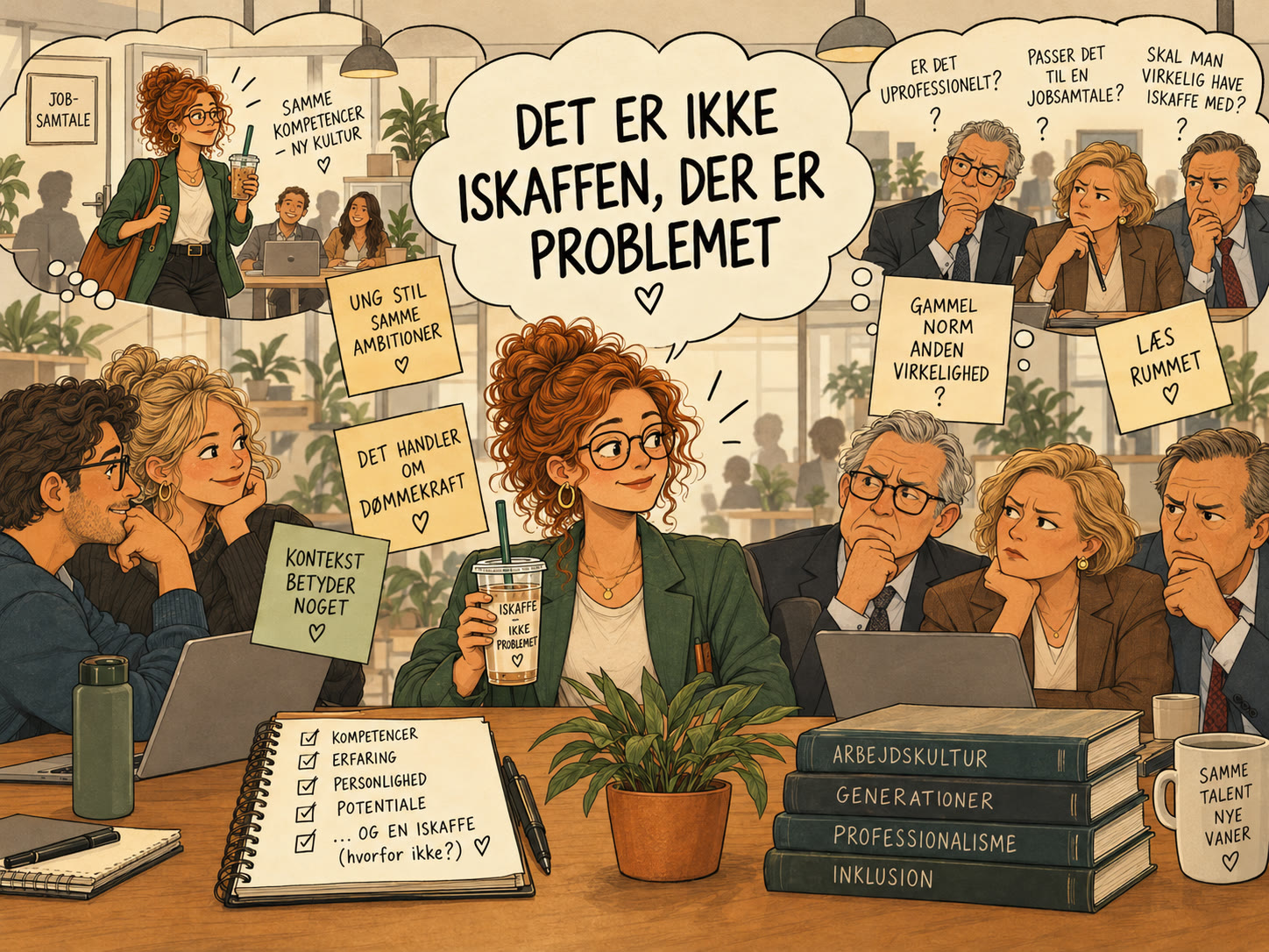 Illustration af en ung kvinde med iskaffe ved et mødebord. Over hende en tankeboble: “Det er ikke iskaffen, der er problemet”. Til venstre nysgerrige kolleger og post-its som “Kontekst betyder noget” og “Det handler om dømmekraft”; til højre skeptiske, ældre kolleger, der spørger “Er det uprofessionelt?” og “Passer det til en jobsamtale?”.